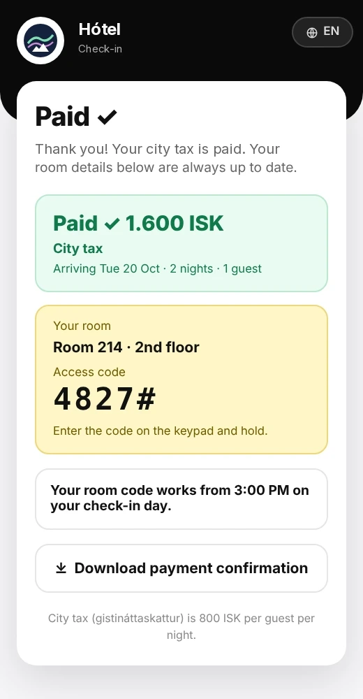 Paid page with room 214 and access code 4827#